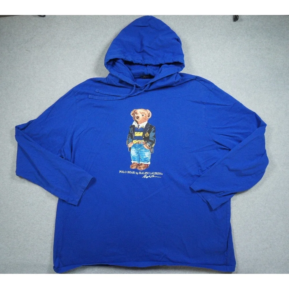Polo Ralph Lauren Shirt Mens 2XL XXL Blue Long Sleeve Hooded Polo Bear Tee Adult